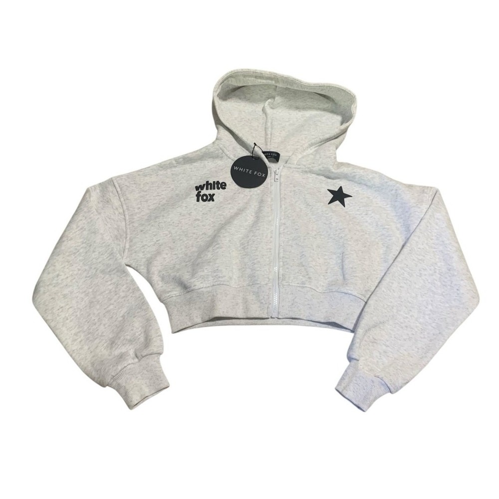 White Fox Charli Cropped Zip Front Hoodie Womens S/M Grey Marle Star Streetwear